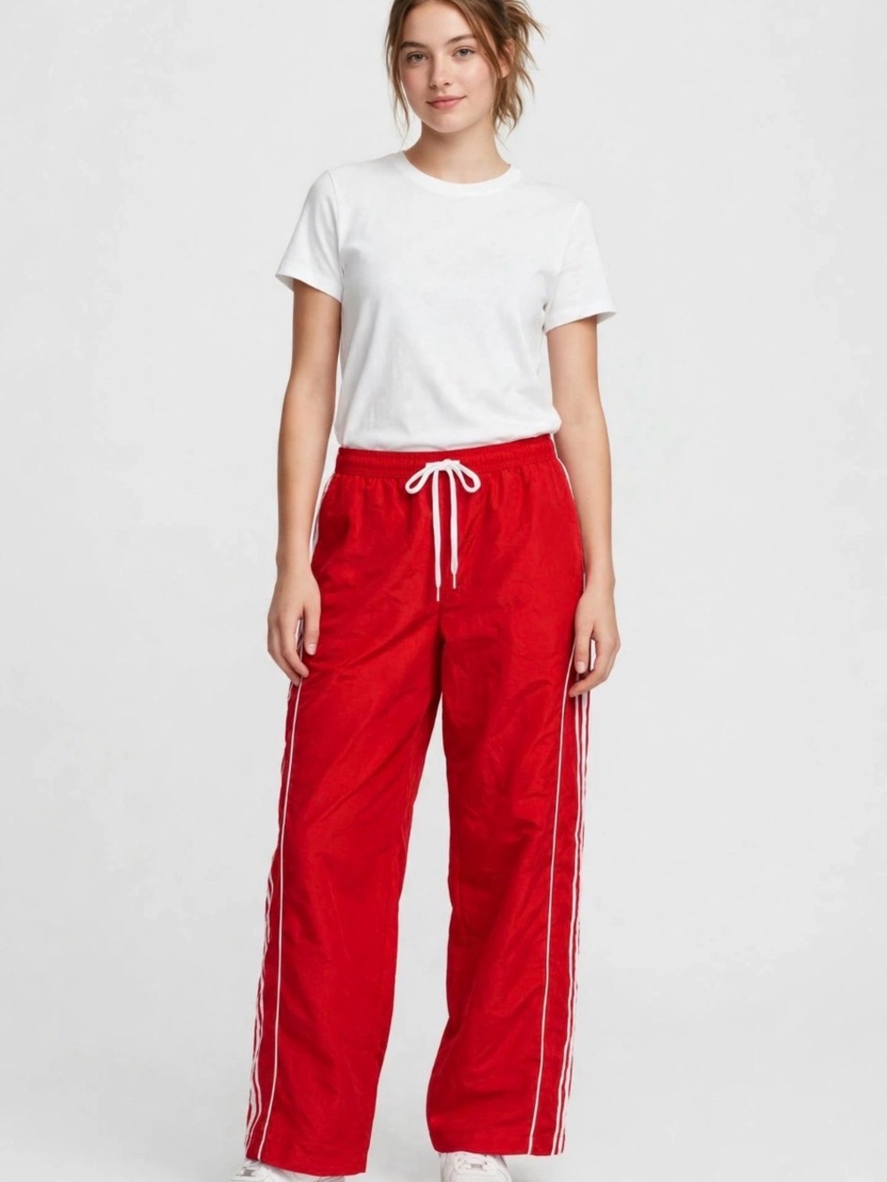 Red Wide Leg Track Pants- White Stripe - Y2K Sporty Streetwear
